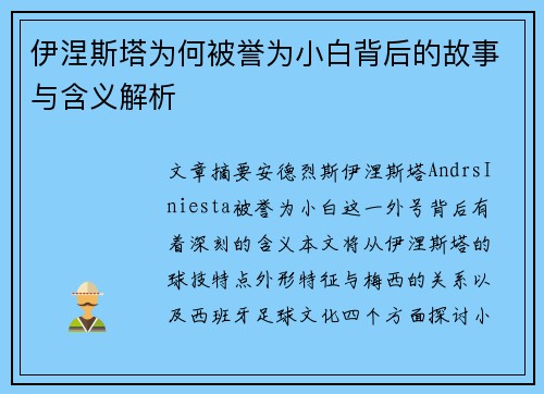 伊涅斯塔为何被誉为小白背后的故事与含义解析